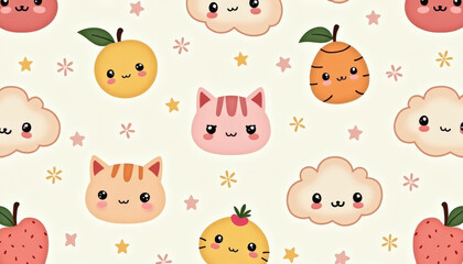 Cute Animals and Fruits Seamless Pattern Design for Kids' Decor, Playful Background, Whimsical Style