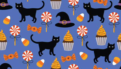 Cute Halloween seamless pattern with black cat, candies, cupcake, and witch hat on dark blue background