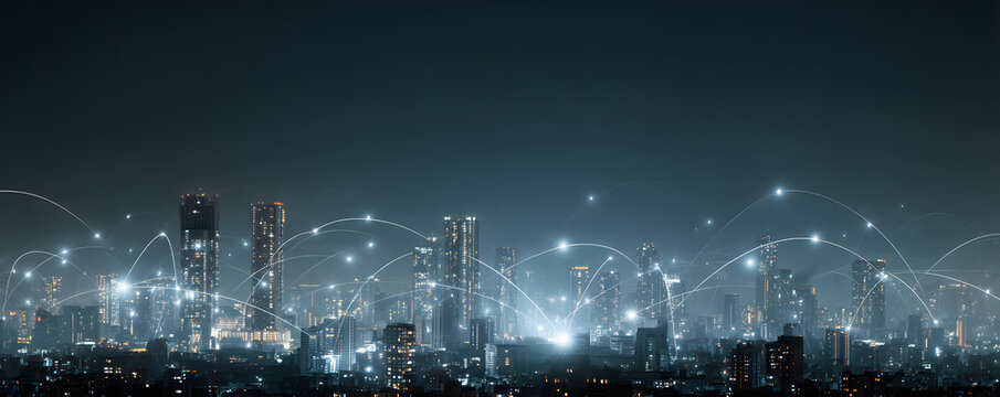 A futuristic cityscape at night, with glowing lines connecting buildings, symbolizing the interconnectedness of the internet, a digital web of information and communication , energy, data, night