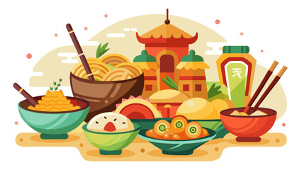 Vector art of an artistic representation of a traditional asian feast featuring bowls of noodles rice and various side dishes set against a backdrop of a pagoda