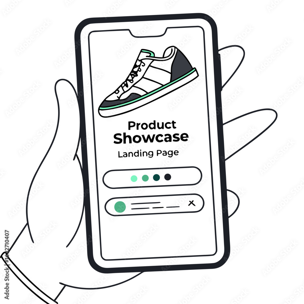 Aufkleber hand holding smartphone displaying a shoe product showcase landing page with color selection options