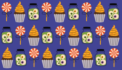 Cute Halloween seamless pattern with cupcakes, jars with eyeballs, and twisted lollipops.