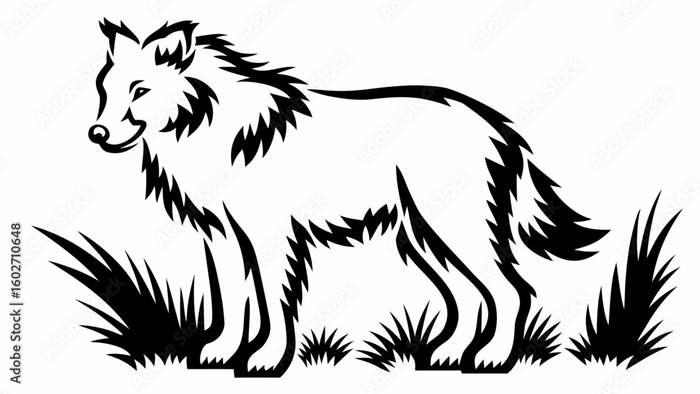 Poster illustration of a wolf standing in grass with a black and white color scheme design in a vector imag