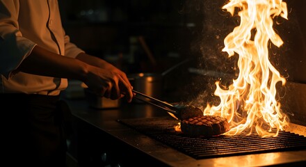 An ultra-realistic photo of a grill chef expertly searing a steak on a fiery hot grill.