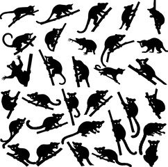 A collection of possum silhouettes in various poses, climbing, standing, and sitting on branches, presented against a white background.