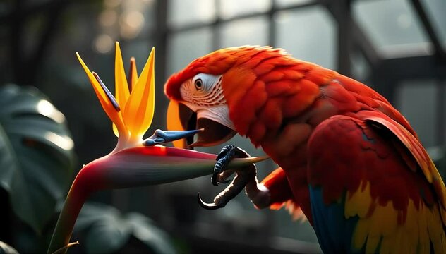 Macaw drinking from flower petal