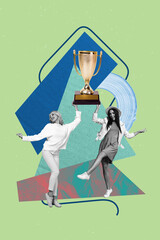 Image zine trend photo collage of two happy business partners girl guy receive golden goblet first...
