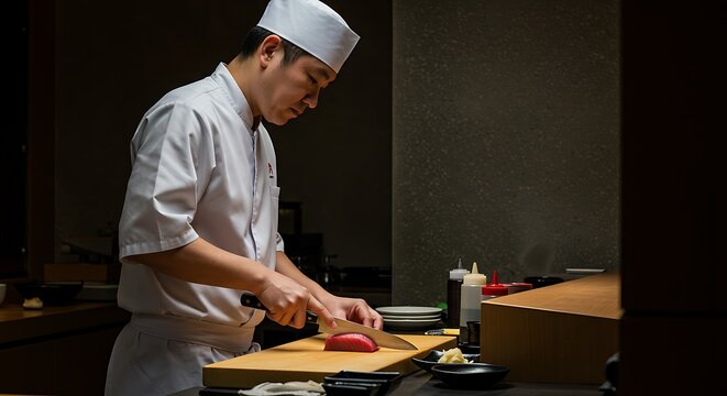 An ultra-realistic photo of a male sushi chef, viewed from the side, precisely slicing a piece of fresh tuna.