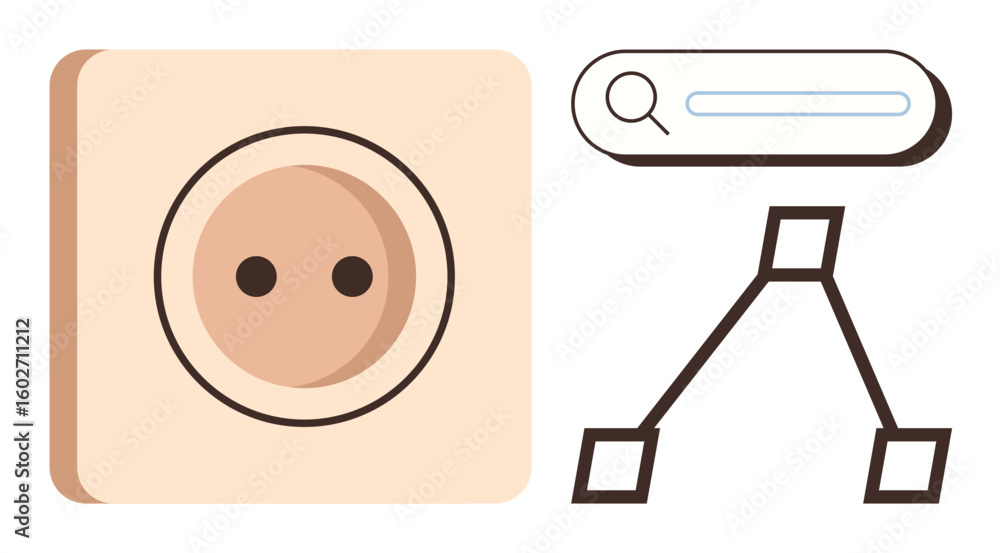 Poster electrical socket, search bar with magnifying glass, and connected flowchart nodes. ideal for techno