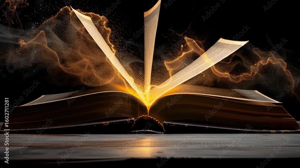 Poster open book of magic fluttering pages and sparks of light illuminate knowledge and imagination in glow