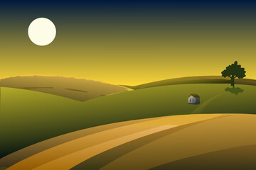 Peaceful Rural Landscape at Twilight with Full Moon