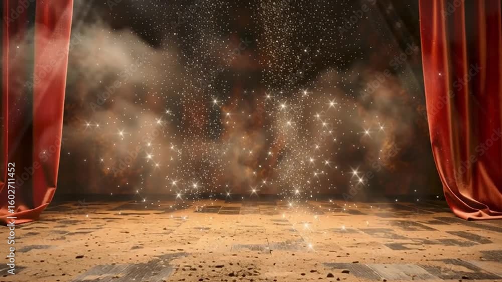 Poster dramatic stage curtains parting to reveal magical performance filled with sparkling dust and soft li