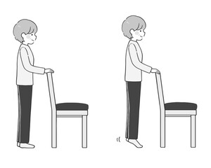 イスを使用し、かかと下ろし・かかと上げの運動をするシニア女性のモノクロイラスト