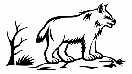 Naklejka premium Illustration of a stylized wolf standing on a hill with a bare tree in black and white outline
