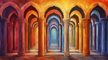 Naklejka premium Colorful arched hallway with pillars, vibrant hues, artistic painting.
