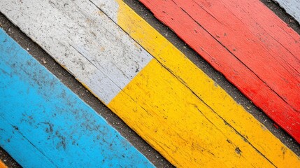 Colorful diagonal wooden planks on asphalt.