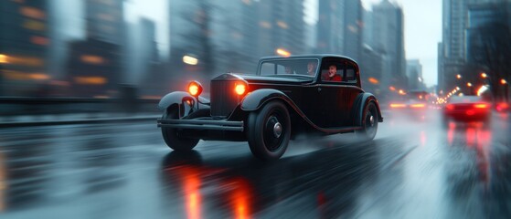 Vintage car driving in rainy city at dusk with blurred lights
