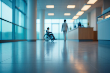 Obraz premium Modern hospital corridor with people in wheelchairs and walking