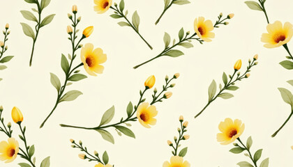 Seamless Pattern of Yellow Flowers and Green Leaves, Floral Design, Natural Environment, Illustrative Artwork