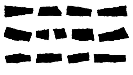Torn long pieces of paper set. Black paper strips with jagged and even edges. Ripped fragment collection.