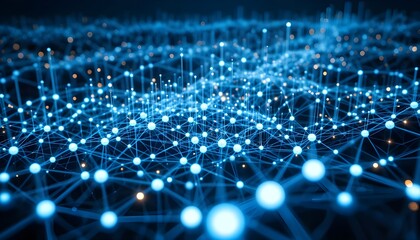 Abstract network with blue glowing nodes and connecting lines creating a complex structure design