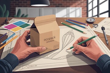 Designer sketching drawing design Brown craft cardboard paper product eco packaging mockup. Packaging design sketching product box dielines with cardboard model,  and layout ideas in studio workspace.