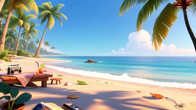 A seamless looping 4K animation of a lofi chill-out scene set on a tropical beach, featuring coconut trees and relaxing summer vibes, perfect for tourism day