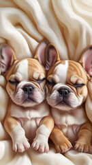 two adorable baby French bulldogs, cuddling up together