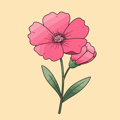 Simple Pink Flower Illustration with Bud and Green Leaves on Light Background