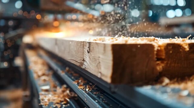 Wood processing at a workshop as sawdust fills the air during a busy afternoon