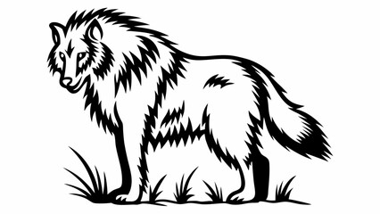 A stylized black and white illustration of a wolf standing in some grass with a bushy tail and mane