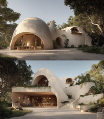Two views of a light beige, rounded, modern house nestled within a verdant landscape.  Natural stone and curves.  Open living areas, outdoor dining.  Sunlight dapples the structure