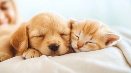 Naklejka na ściany i meble A golden retriever puppy and an orange tabby kitten peacefully sleeping side by side on a soft white surface.