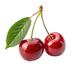 Two ripe red cherries with a green leaf isolated on transparent background