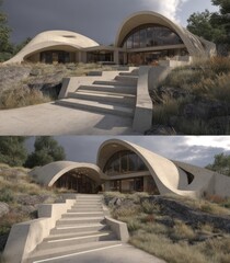 Two-view exterior of a modern concrete home nestled on a hillside