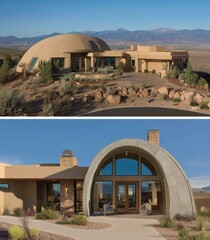 Two-story beige and concrete dome-shaped homes on a mountainside