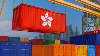 3D rendering of a shipping container with the flag of Hong Kong suspended from a crane in a port dock.