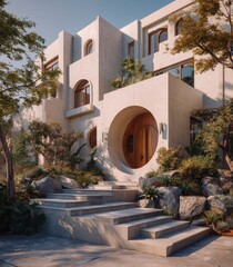 Light-filled modern home with a dramatic arched entryway. Lush landscaping surrounds the structure