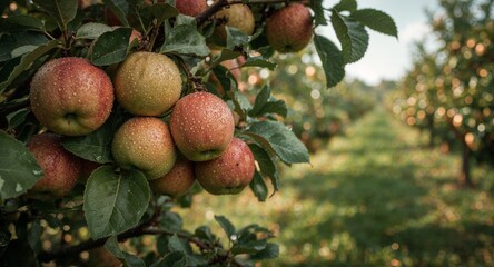 A close up of apples on a tree branch in an orchard with a blurred background landscape view scene