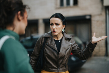 A woman wearing a leather jacket gesturing and showing frustration during a discussion with another...