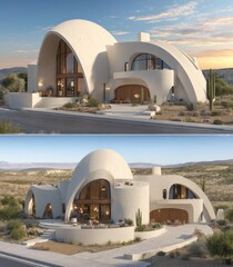 Two-view rendering of a modern, dome-shaped house nestled in a desert landscape, featuring smooth, creamy stucco facade and arched windows