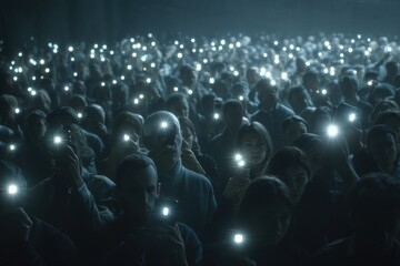 Obraz premium Crowd of faceless people holding mobile phones glowing in dark room, symbolising digital control, AI surveillance, media crisis.
