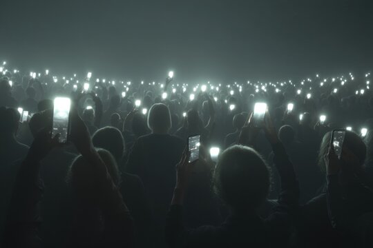Crowd of faceless people holding mobile phones glowing in dark room, symbolising digital control, AI surveillance, media crisis.