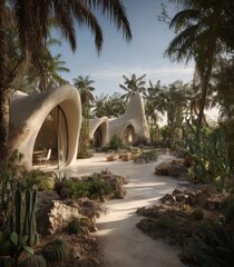 Cream-colored, organic architecture nestled in a tropical garden