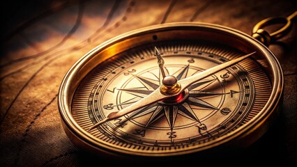 Close-up of Vintage Compass with Needle Pointing Direction and Dark Background

