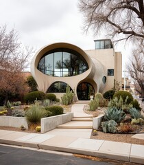 Beige, curved, modern home with landscaping.?Large windows and a?unique design, set amongst desert landscaping