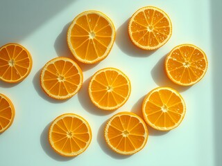 Bright orange slices arranged in a circle on white surface. Clean fruit flat lay with natural lighting.