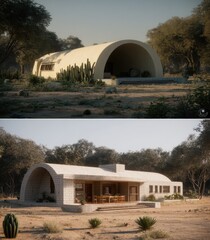 Two perspectives of a light beige, curved, single-story home nestled in a desert landscape.  Outdoor living areas are visible