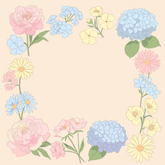 Soft Pastel Floral Frame Border on Peach Background for Invitations and Decorative Designs