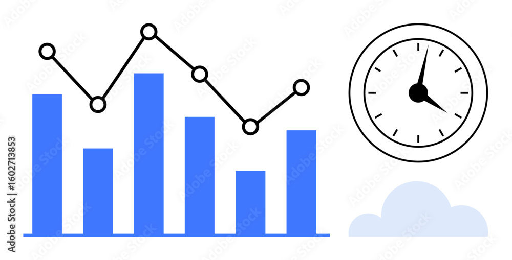 Poster bar chart and line graph beside analog clock and cloud. ideal for analytics, time management, produc